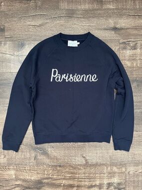 Maison Kitsué Navy Crewneck Sweatshirt with White 'Parisienne'